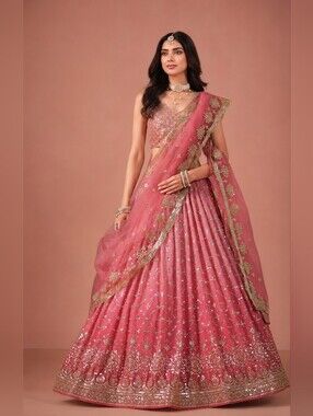 Gradient Dual-Tone Peach Embroidered Lehenga Choli Set